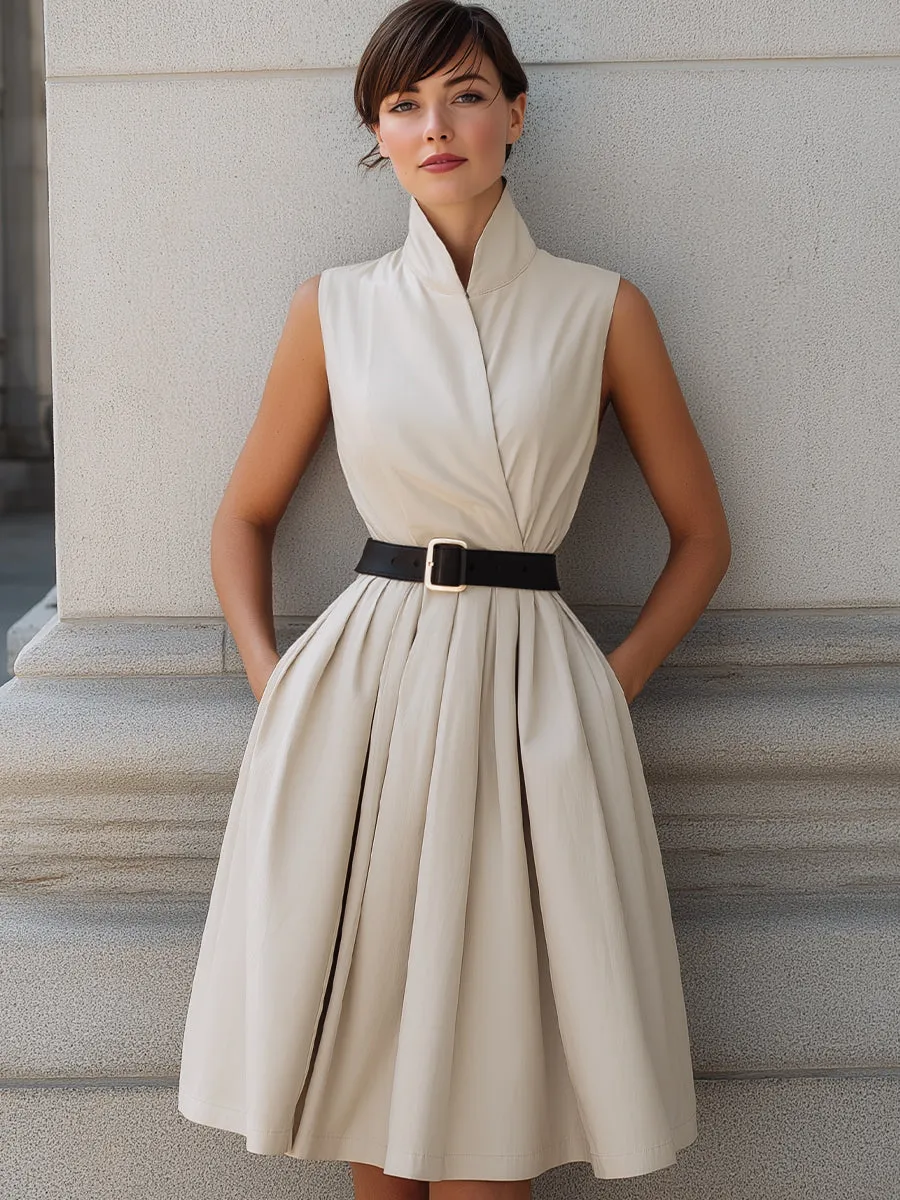 Sleeveless High-Neck Belted A-Line Midi Dress sold by Mooyius product image thumbnail 4