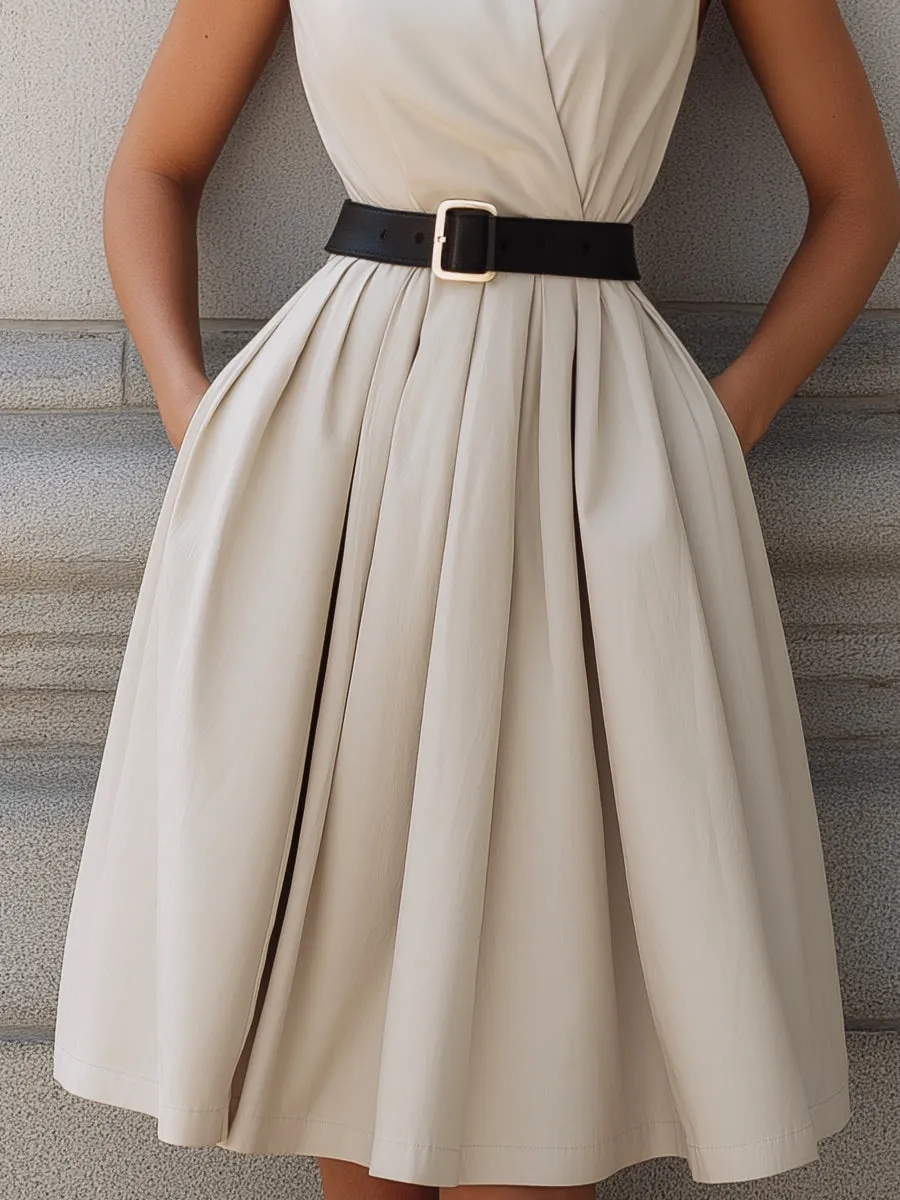 Sleeveless High-Neck Belted A-Line Midi Dress sold by Mooyius product image thumbnail 3