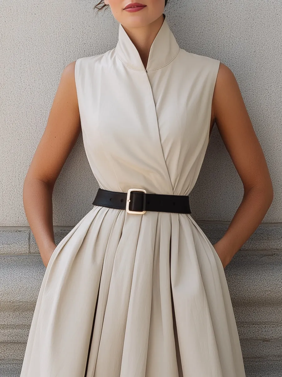 Sleeveless High-Neck Belted A-Line Midi Dress sold by Mooyius product image thumbnail 2
