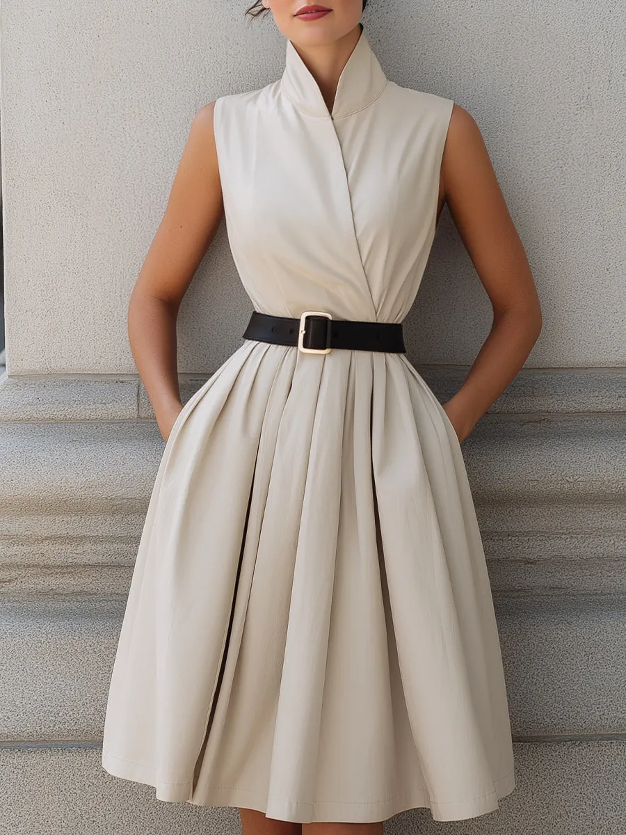 Sleeveless High-Neck Belted A-Line Midi Dress sold by Mooyius