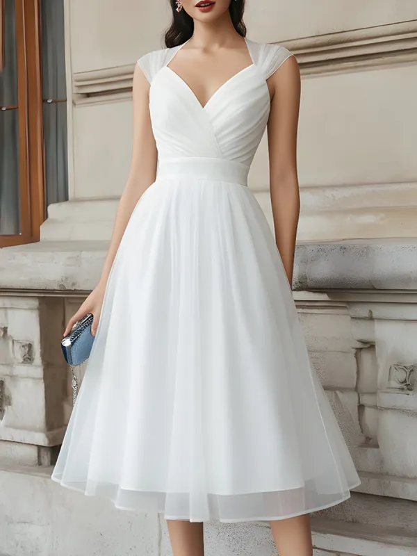 V-Neck Pleated Midi Dress With Cap Sleeves made by Mooyius