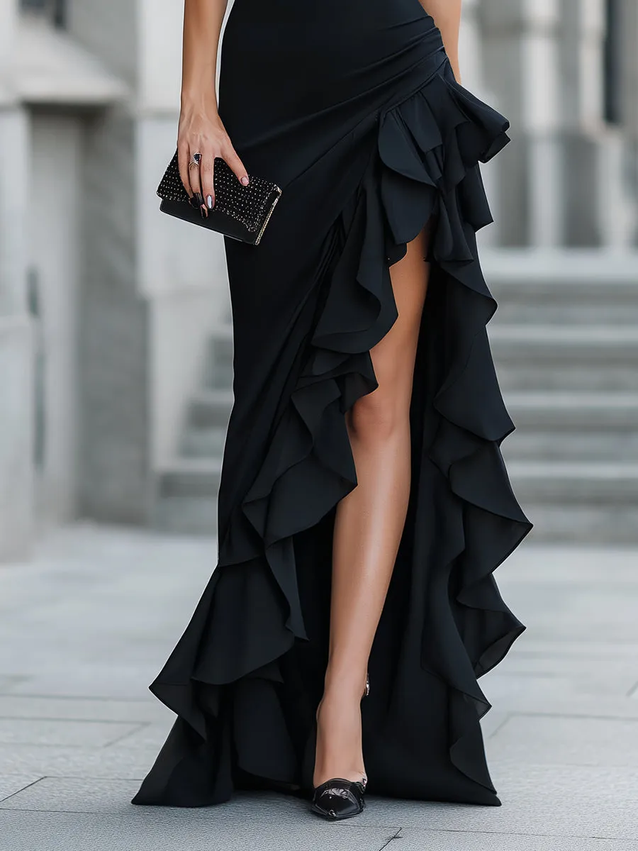 Asymmetric One-Shoulder Ruffle Slit Evening Dress sold by Mooyius product image thumbnail 4