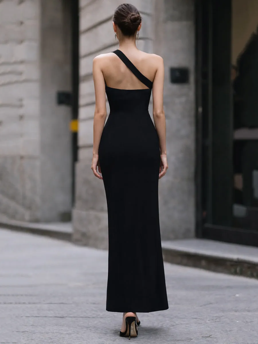 Midnight Contrast One-Shoulder Maxi Dress With High-Slit Detail sold by Mooyius product image thumbnail 3