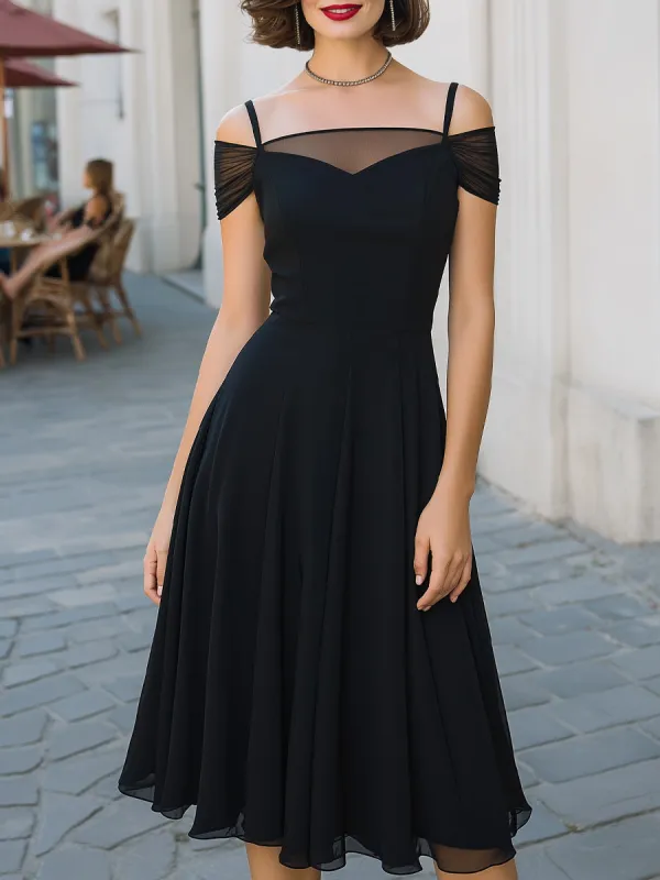 Off-Shoulder Mesh Panel A-Line Midi Dress sold by Mooyius