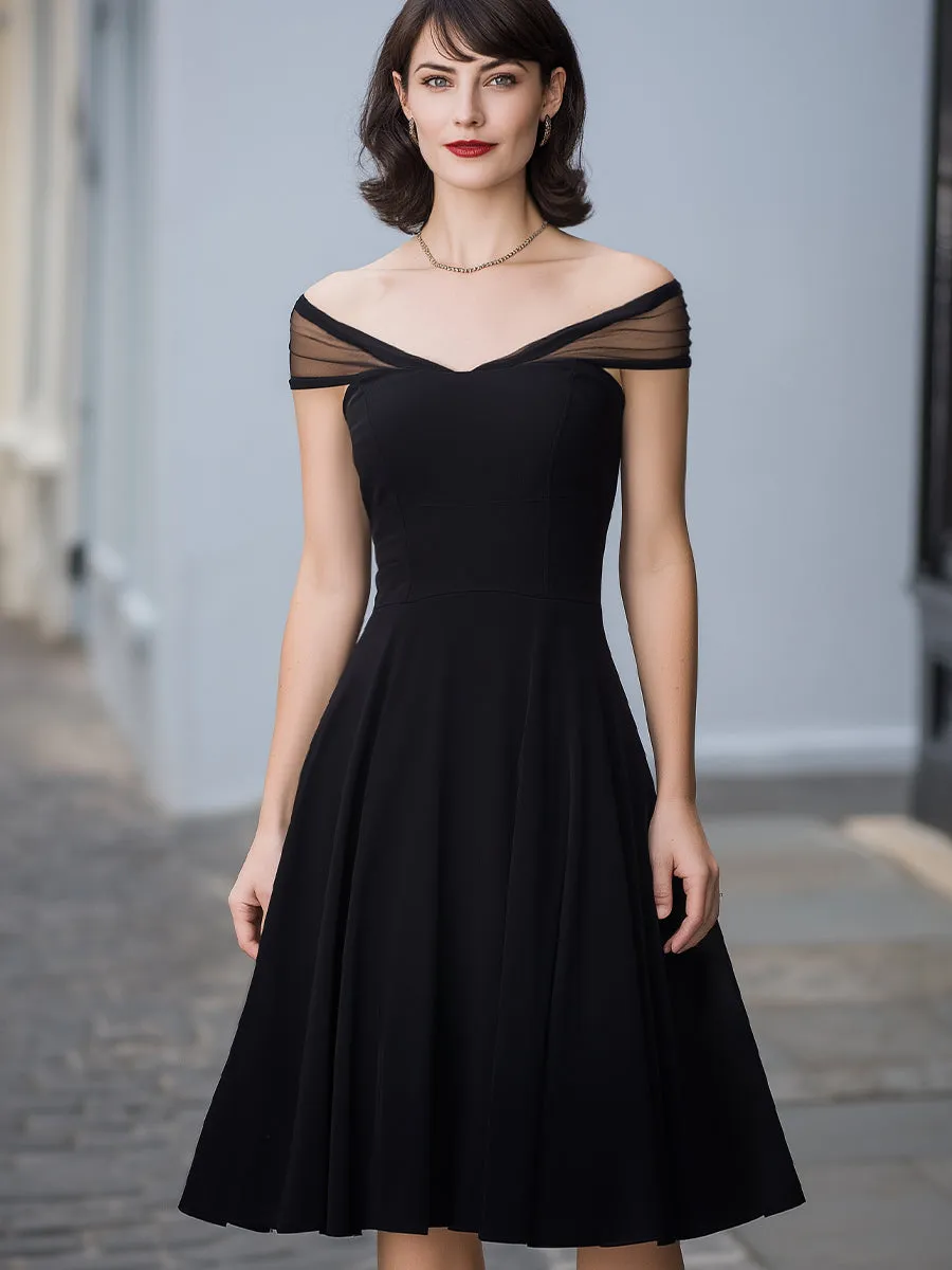 Off-Shoulder Mesh Trim A-Line Midi Dress sold by Mooyius product image thumbnail 2