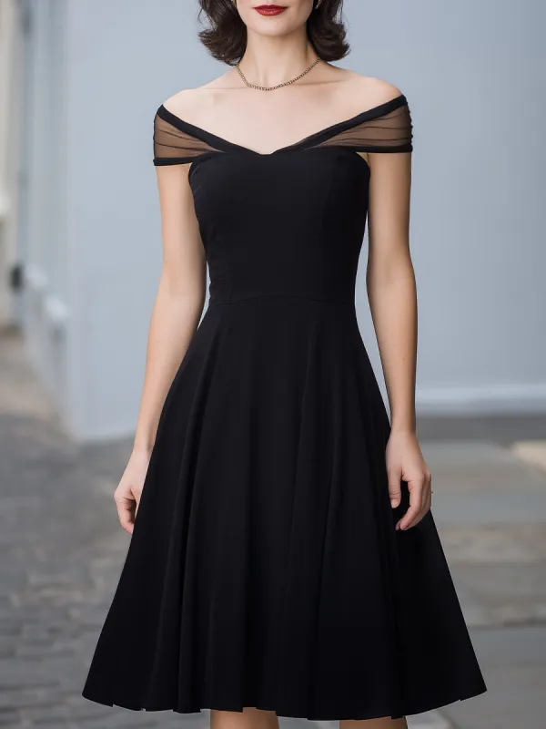 Off-Shoulder Mesh Trim A-Line Midi Dress sold by Mooyius