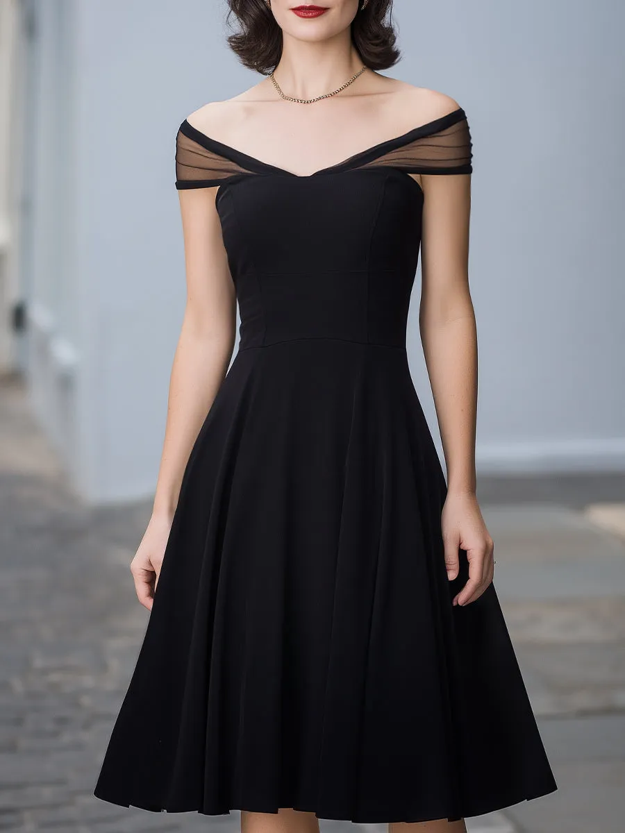 Off-Shoulder Mesh Trim A-Line Midi Dress sold by Mooyius