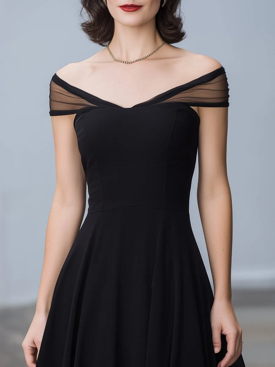 Off-Shoulder Mesh Trim A-Line Midi Dress sold by Mooyius product image thumbnail 3