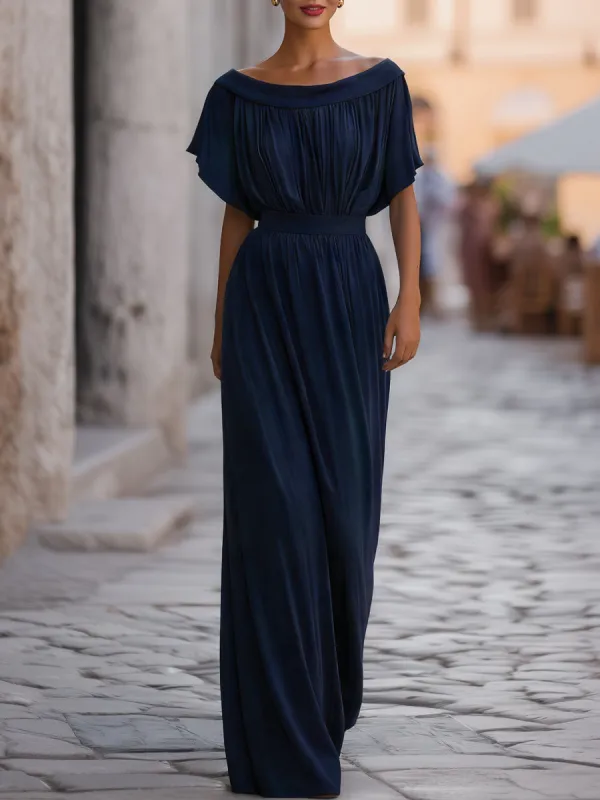 Off-Shoulder Defined Waist Draped Maxi Dress made by Mooyius