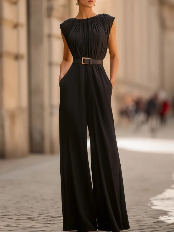 Sleeveless Draped Wide-Leg Jumpsuit With Belt made by Mooyius