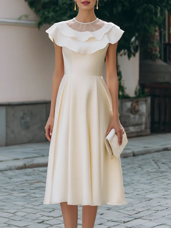 Ruffled Neckline Cap-Sleeve A-Line Midi Dress made by Mooyius