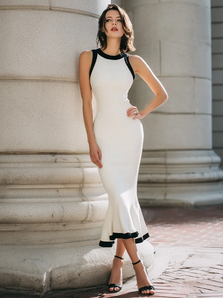 Elegant Contrast-Trim Ribbed Knit Mermaid Midi Dress sold by Mooyius product image thumbnail 2