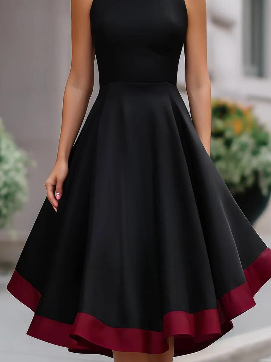 Contrast Hem High-Neck Fit-and-Flare Midi Dress sold by Mooyius product image thumbnail 3