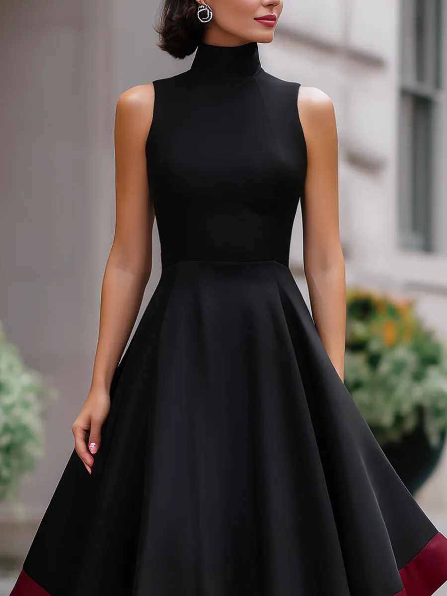 Contrast Hem High-Neck Fit-and-Flare Midi Dress sold by Mooyius product image thumbnail 2