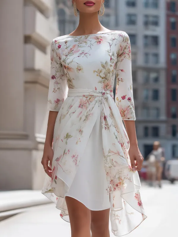 Floral Chiffon Asymmetrical Midi Dress With Waist Tie sold by Mooyius