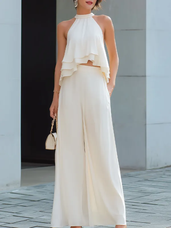Ethereal White Ruffle Halter Wide-Leg Two-Piece Set made by Mooyius