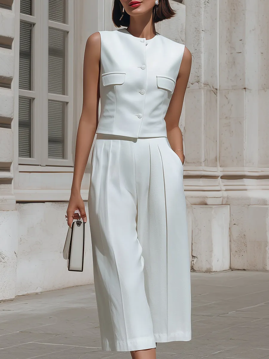 Crisp White Tailored Vest & Wide-Leg Culottes Two-Piece Set sold by Mooyius