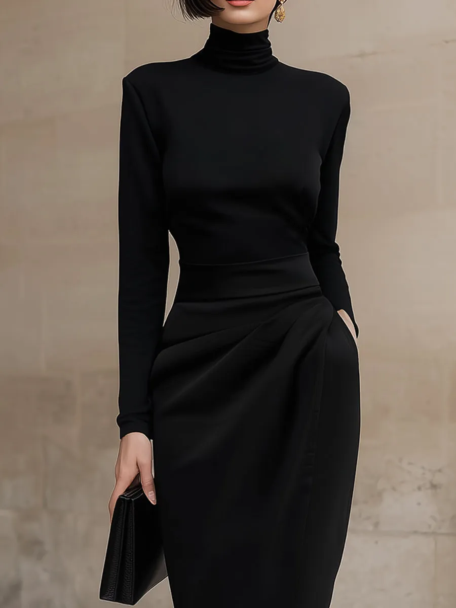 Sleek Black Turtleneck Draped Midi Dress sold by Mooyius product image thumbnail 2