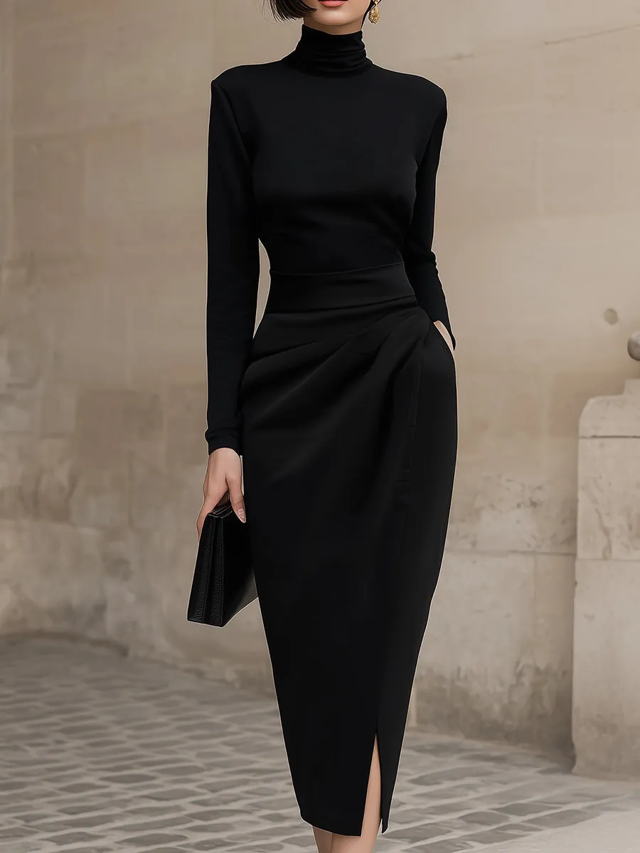 Sleek Black Turtleneck Draped Midi Dress sold by Mooyius