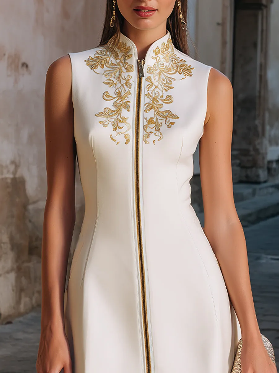 Embroidered Stand-Collar Zip-Front Sleeveless Midi Dress sold by Mooyius product image thumbnail 4
