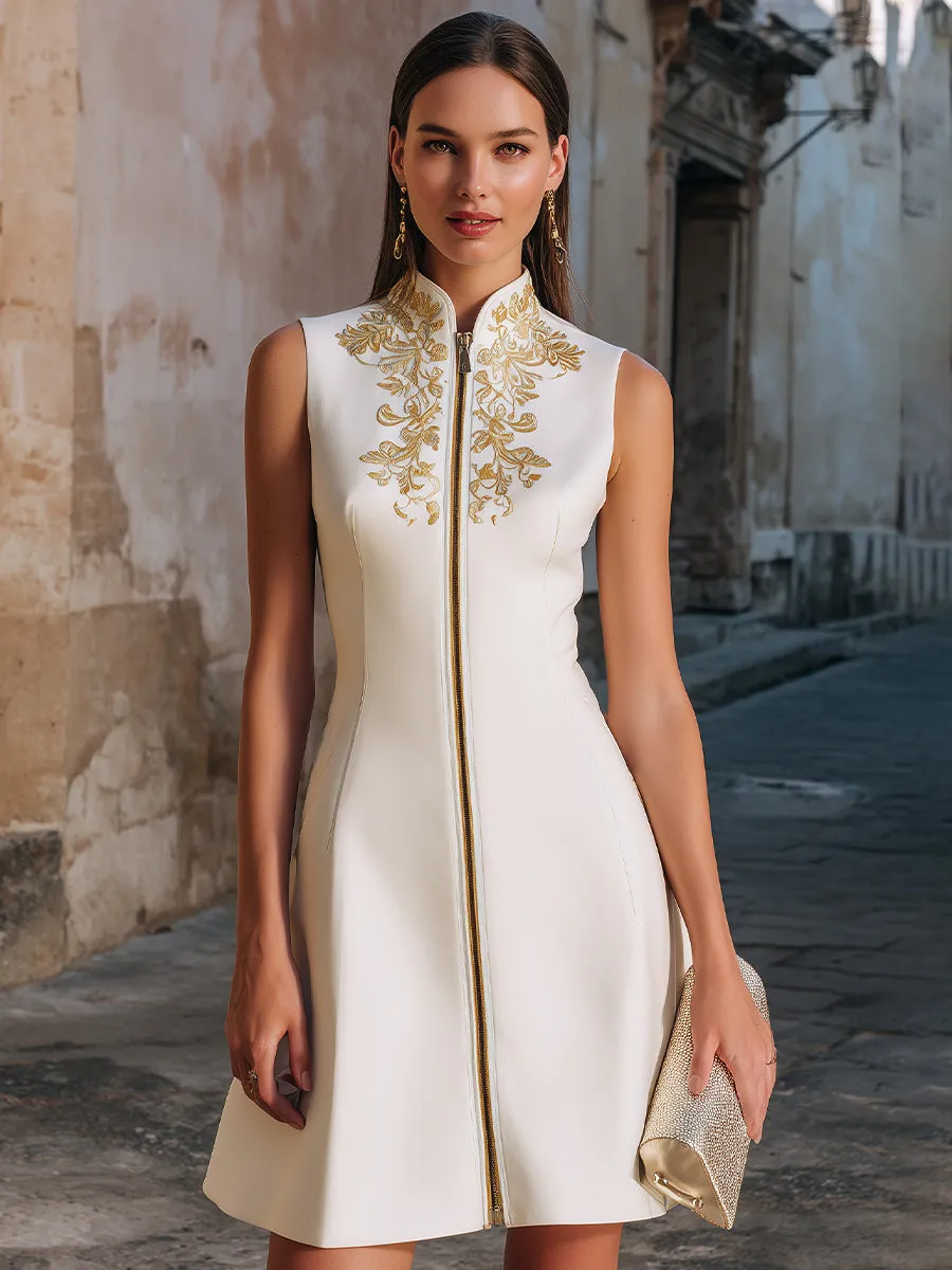 Embroidered Stand-Collar Zip-Front Sleeveless Midi Dress sold by Mooyius product image thumbnail 2