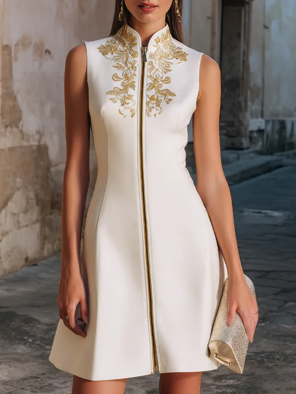 Embroidered Stand-Collar Zip-Front Sleeveless Midi Dress made by Mooyius