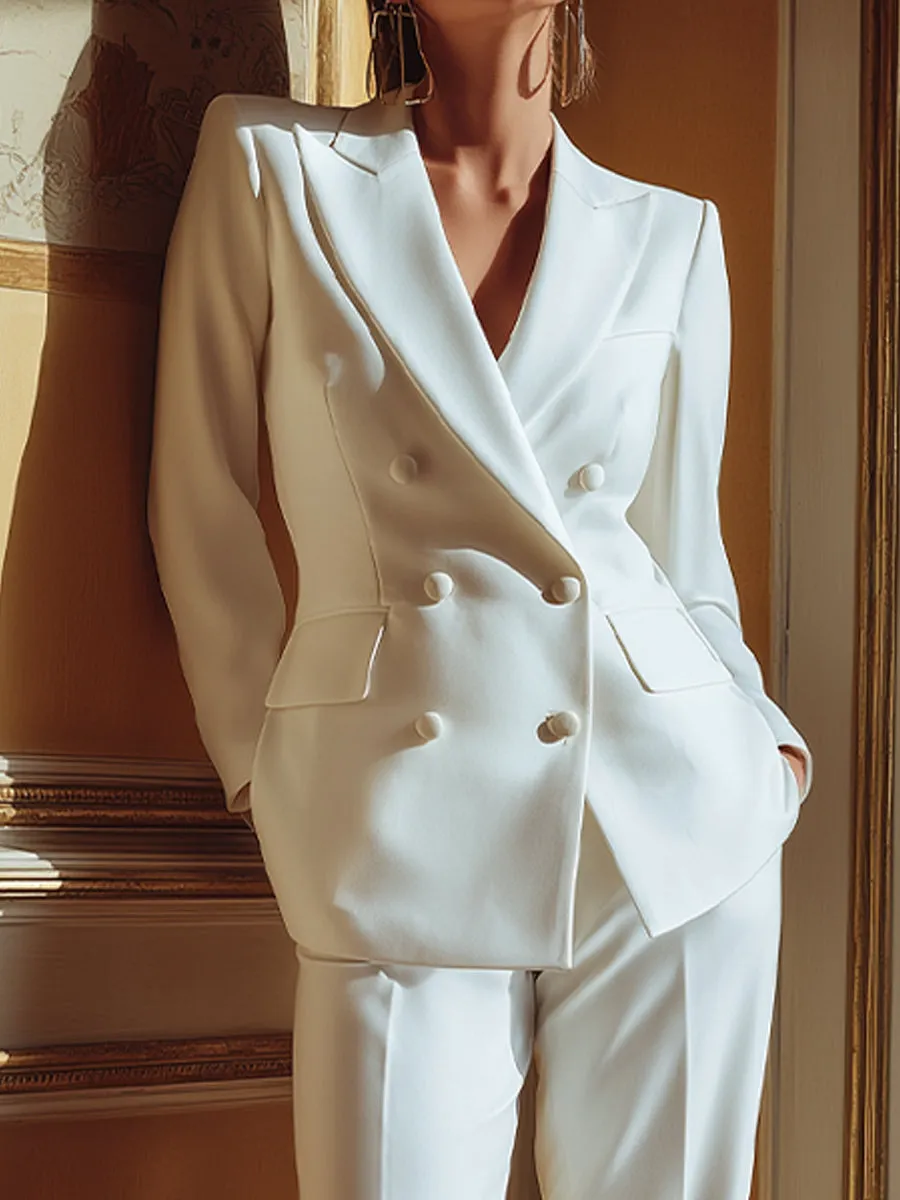 White Structured Double-Breasted Blazer & Straight-Leg Trousers Suit sold by Mooyius product image thumbnail 3