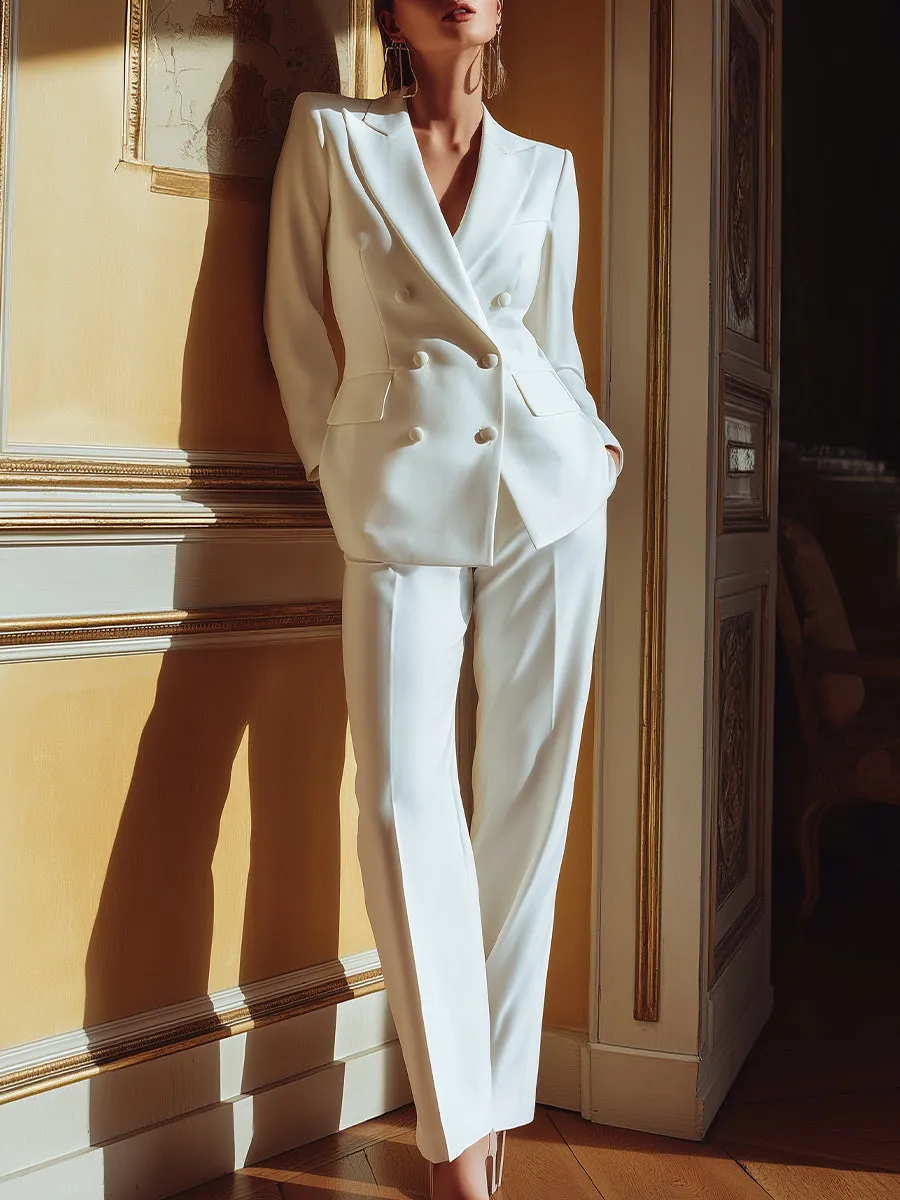 White Structured Double-Breasted Blazer & Straight-Leg Trousers Suit sold by Mooyius