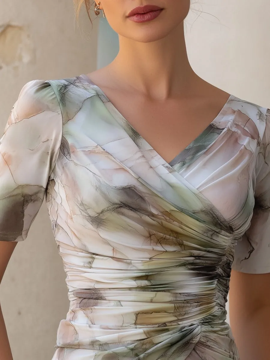Print Ruched V-Neck Short-Sleeves Fitted Top sold by Mooyius product image thumbnail 2