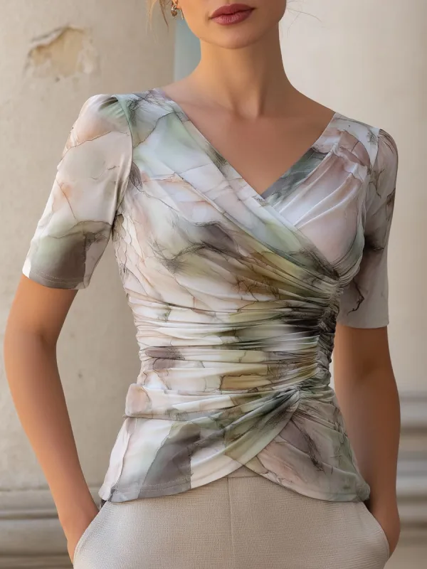 Print Ruched V-Neck Short-Sleeves Fitted Top made by Mooyius