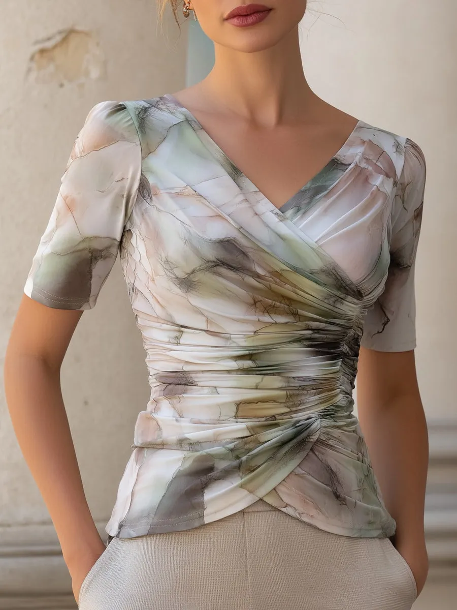 Print Ruched V-Neck Short-Sleeves Fitted Top sold by Mooyius