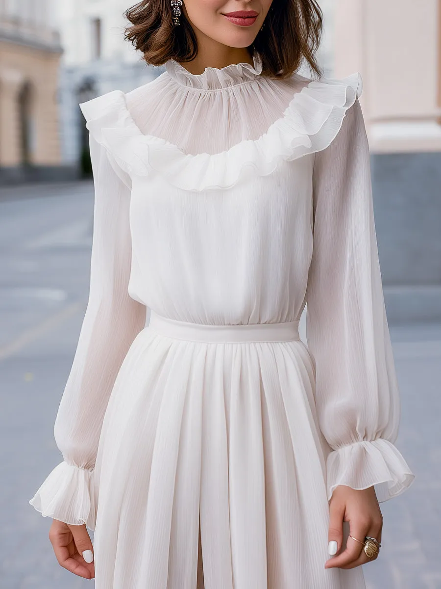 Ruffled High-Neck Chiffon Long-Sleeve Dress sold by Mooyius product image thumbnail 3