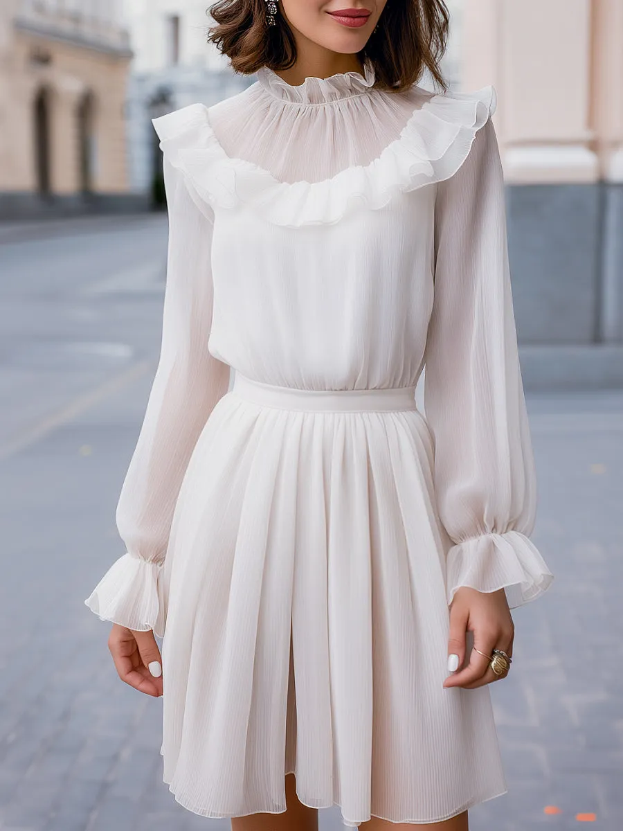 Ruffled High-Neck Chiffon Long-Sleeve Dress sold by Mooyius
