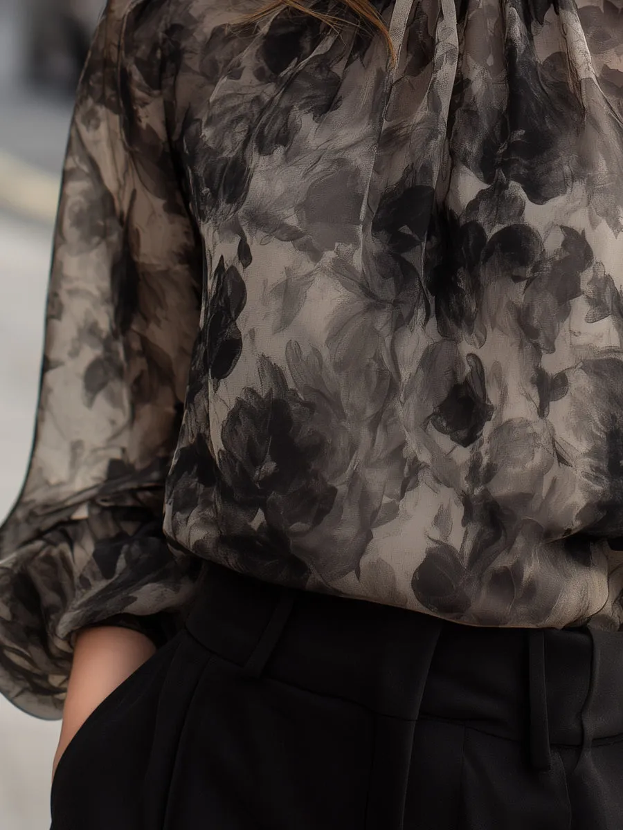 Sheer Floral Print High-Neck Long Sleeve Blouse sold by Mooyius product image thumbnail 3