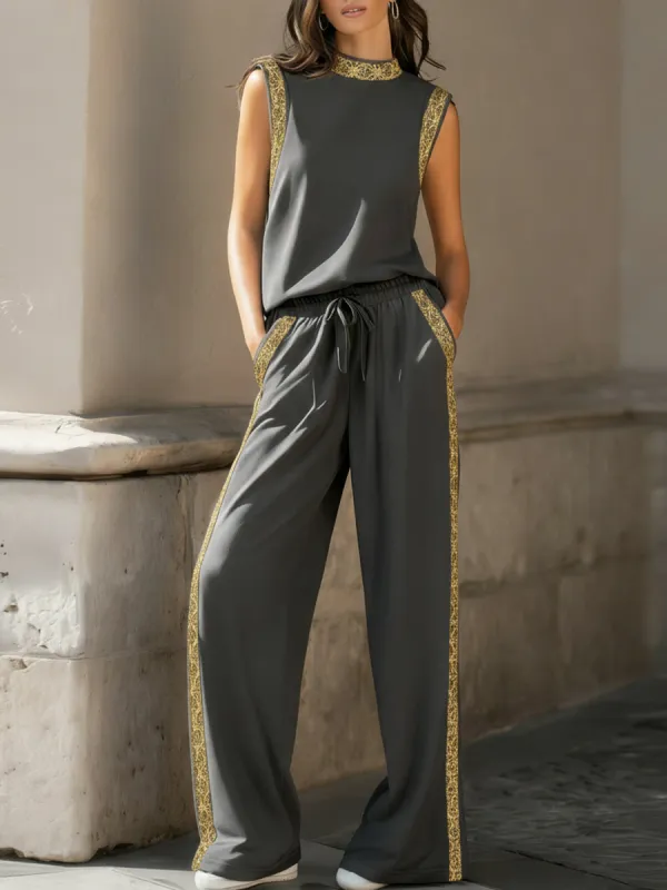 Luxe Gold Embellished Vest & Wide-Leg Pant Set made by Mooyius