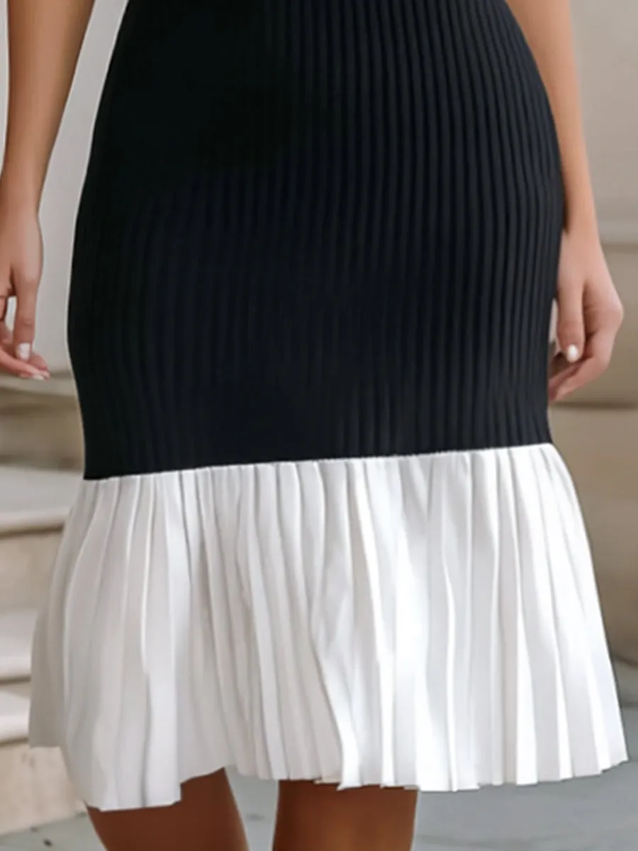 Sophisticated Monochrome Rib-Knit Mock-Neck Dress With Pleated Hem sold by Mooyius product image thumbnail 4