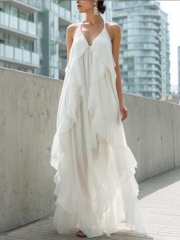 White Halter Ruffled Chiffon Maxi Dress made by Mooyius
