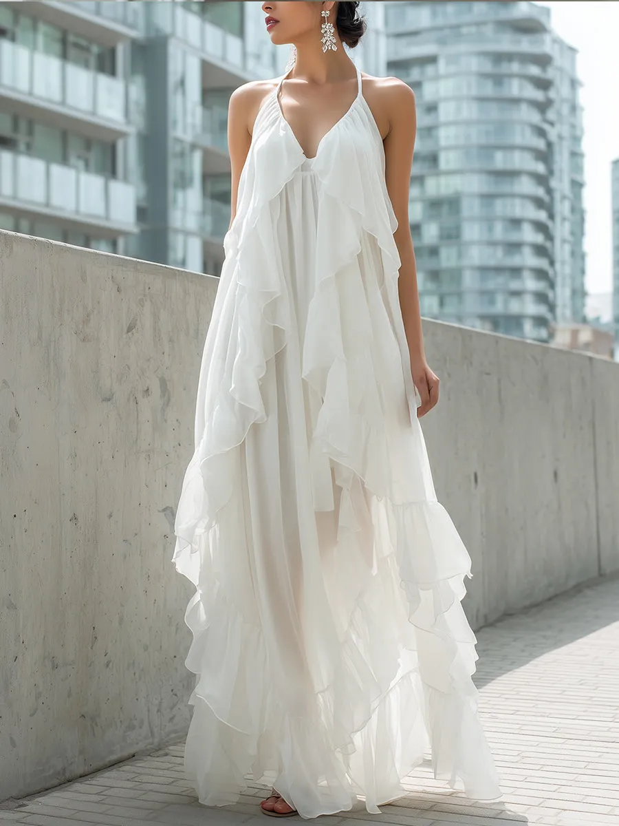White Halter Ruffled Chiffon Maxi Dress sold by Mooyius
