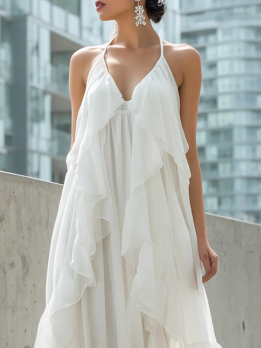 White Halter Ruffled Chiffon Maxi Dress sold by Mooyius product image thumbnail 2
