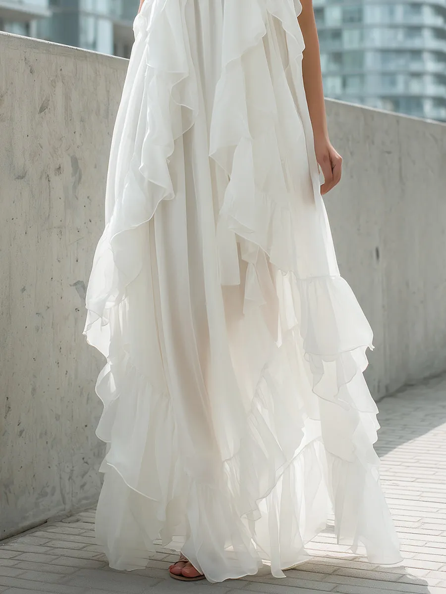 White Halter Ruffled Chiffon Maxi Dress sold by Mooyius product image thumbnail 3