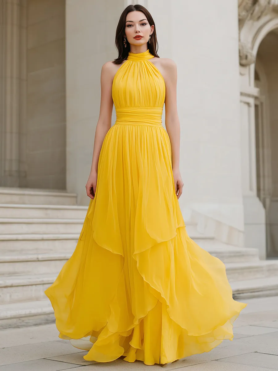Yellow Halter Neck Pleated Chiffon Maxi Dress With Tiered Hem sold by Mooyius product image thumbnail 2