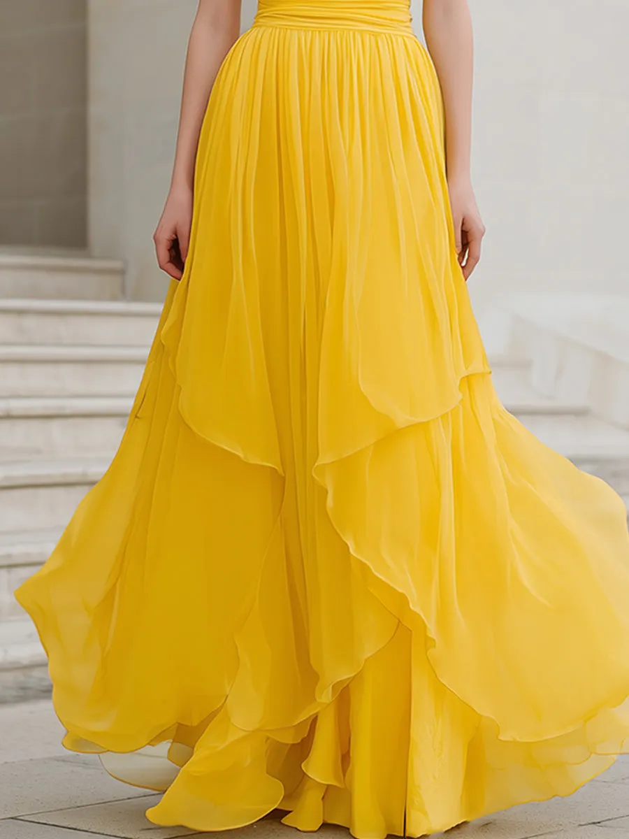 Yellow Halter Neck Pleated Chiffon Maxi Dress With Tiered Hem sold by Mooyius product image thumbnail 3