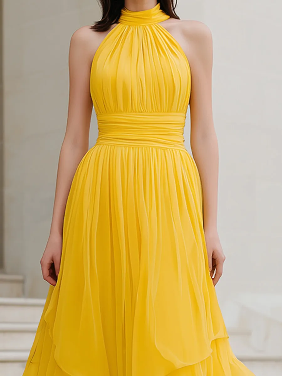 Yellow Halter Neck Pleated Chiffon Maxi Dress With Tiered Hem sold by Mooyius product image thumbnail 4