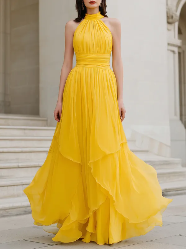 Yellow Halter Neck Pleated Chiffon Maxi Dress With Tiered Hem made by Mooyius