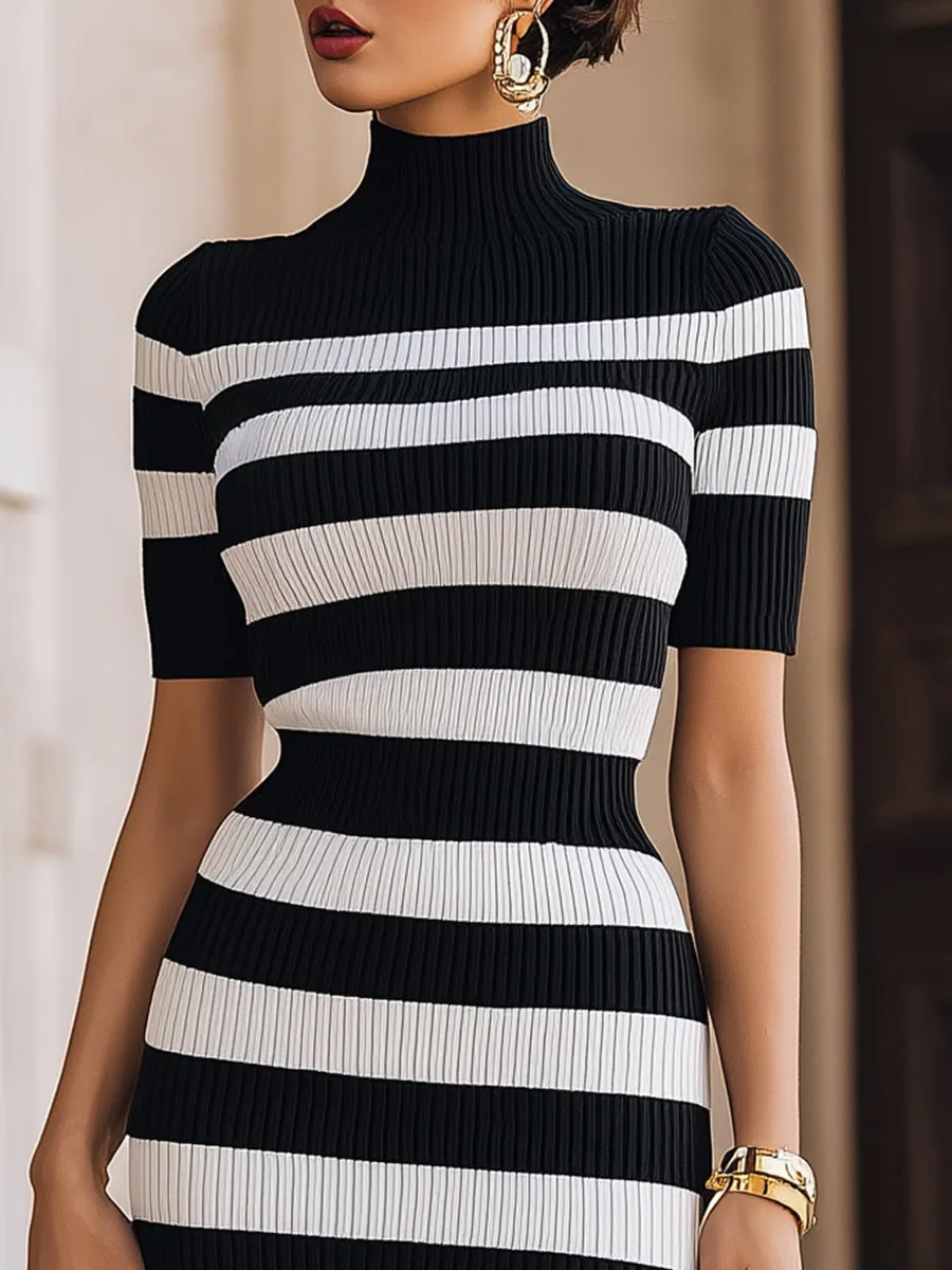 Elegant Rib-Knit Mock Neck Bodycon Midi Dress sold by Mooyius product image thumbnail 3