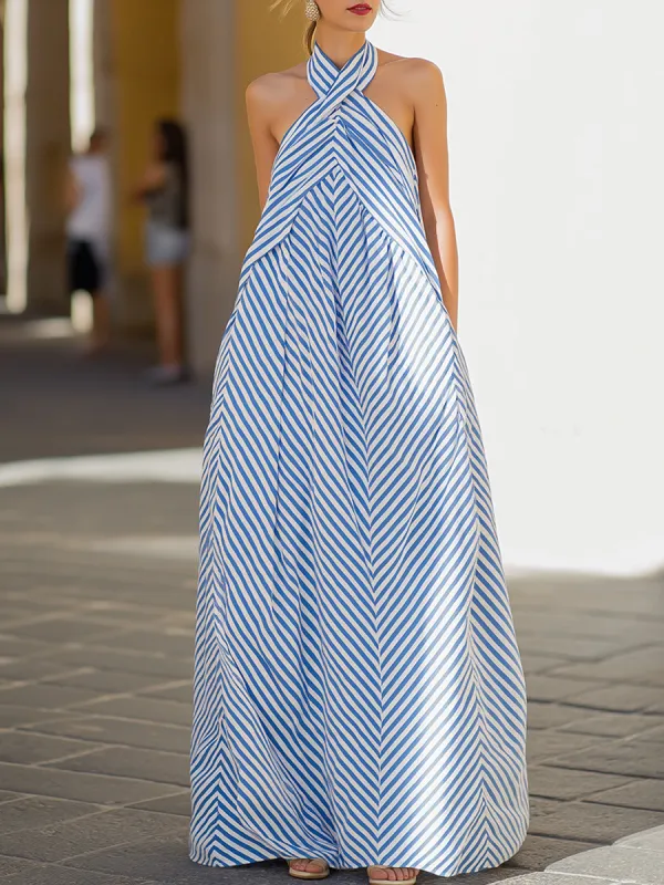 Nautical Stripe Halter Neck Maxi Dress made by Mooyius