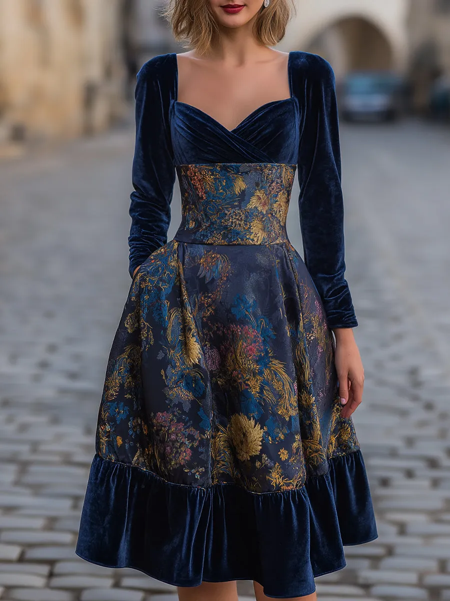 Velvet Bodice Printed Midi Dress With Long Sleeves sold by Mooyius
