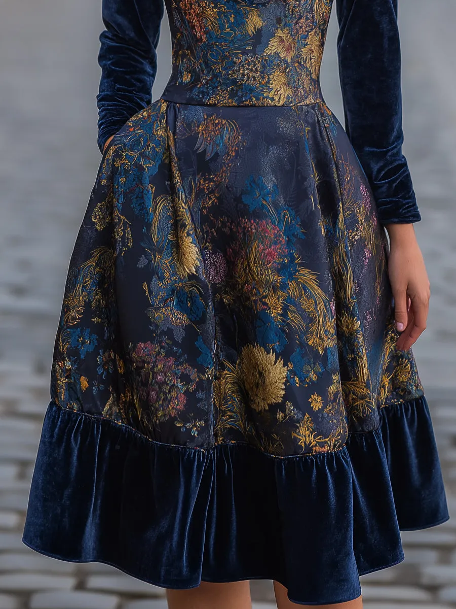 Velvet Bodice Printed Midi Dress With Long Sleeves sold by Mooyius product image thumbnail 3