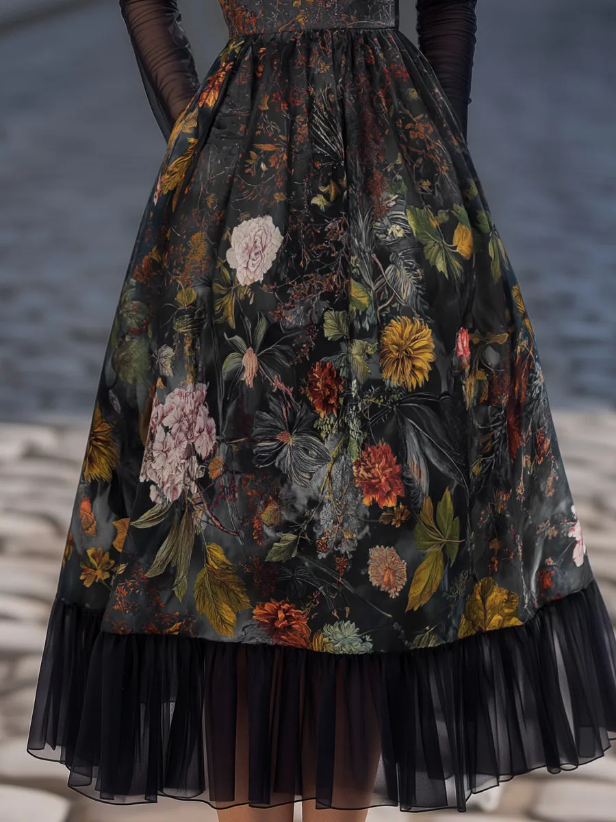 Pleated Sheer Long-Sleeve Floral Midi Dress sold by Mooyius product image thumbnail 4