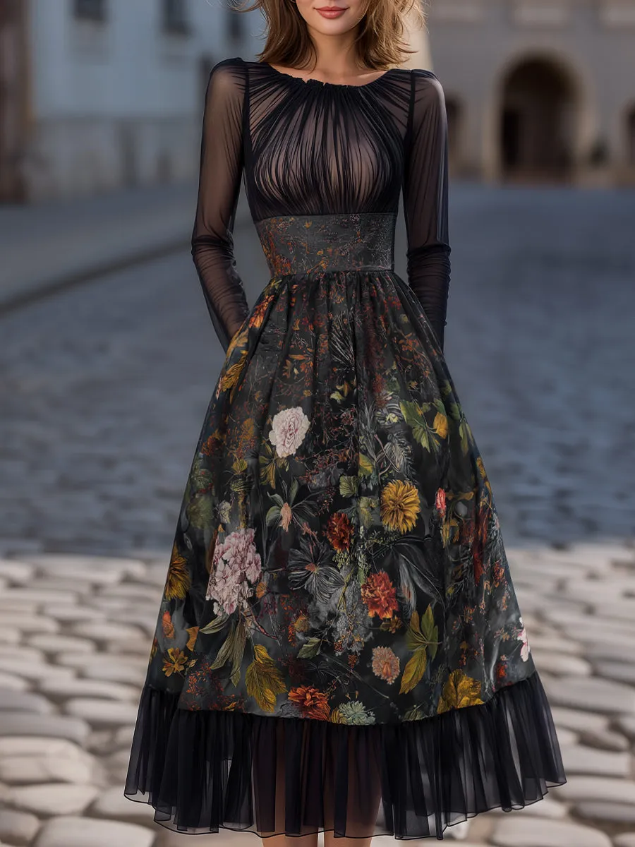 Pleated Sheer Long-Sleeve Floral Midi Dress sold by Mooyius